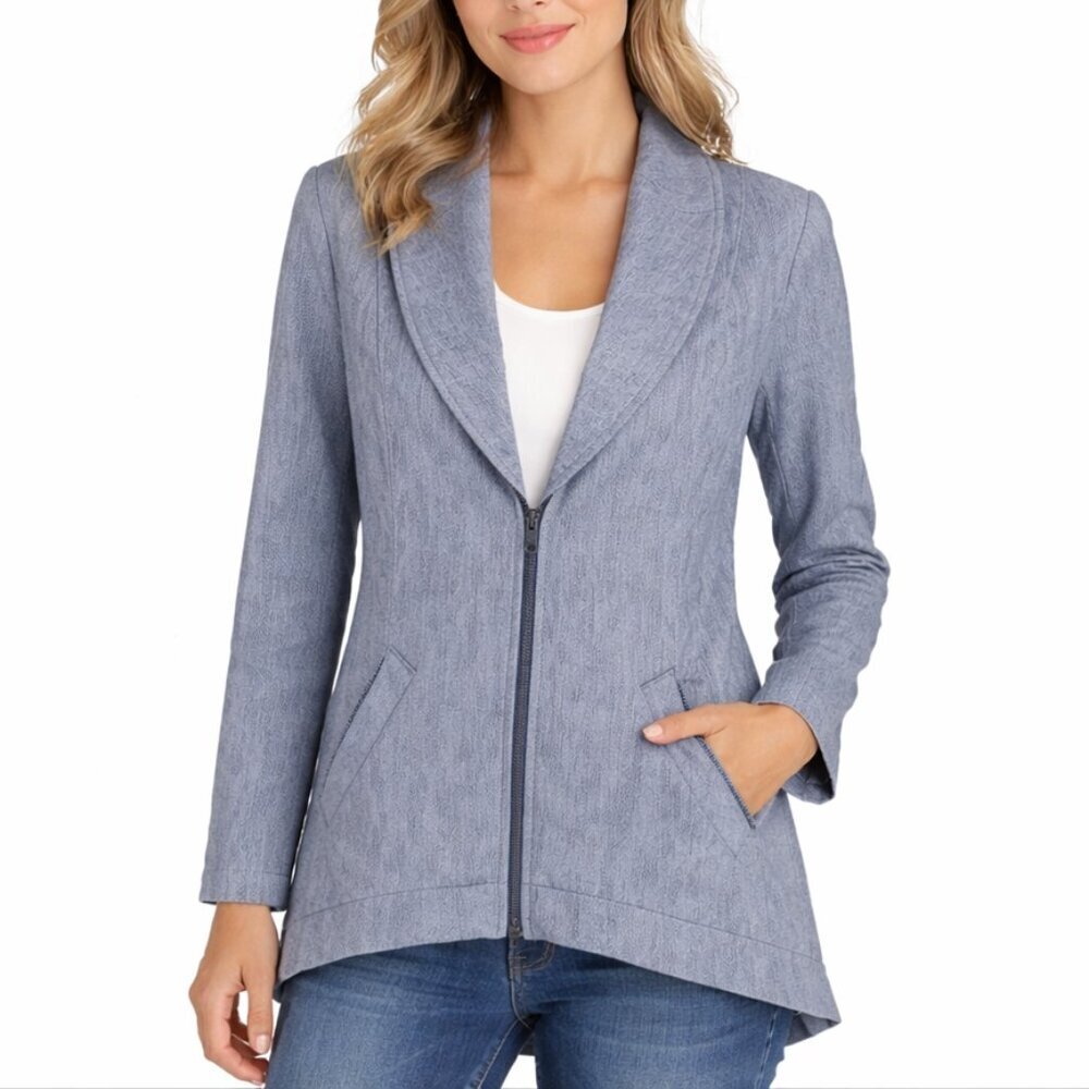 CAbi Drop Off Zip Jacket Size L Pinstripe  Front Back Zipper High Low Hem 5300